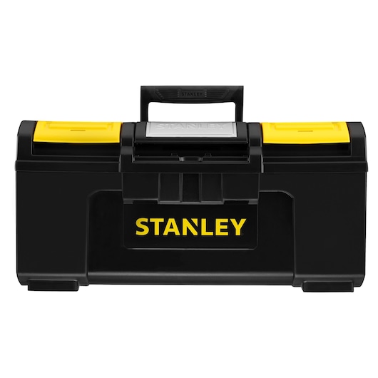 STANLEY 1-79-217 black tool box with yellow latches and handle, front photography on white background.