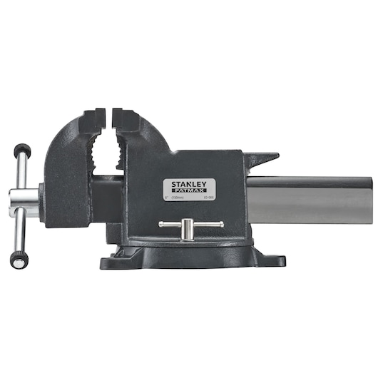 STANLEY 1-83-068 heavy-duty bench vise, black and silver, side angle on white background.