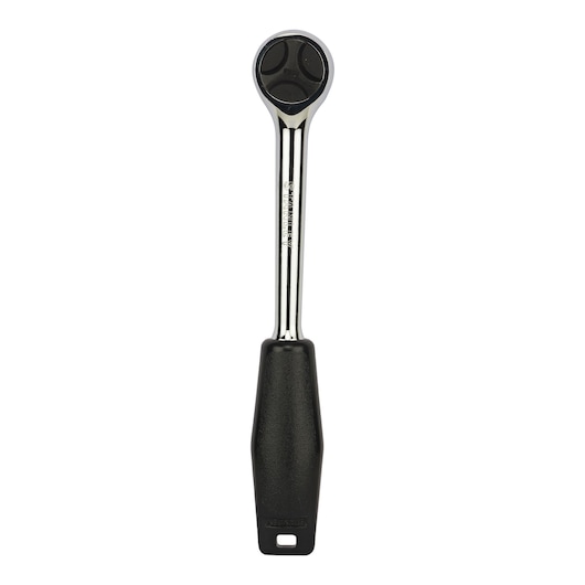 Stanley ratchet handle with black grip, chrome finish, and circular head, suitable for socket tools.