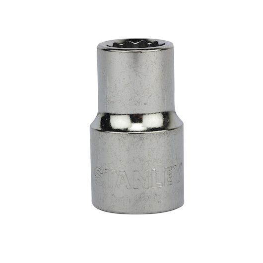 Photo of STANLEY 1-86-544 chrome socket tool, front angle, engraved brand, shiny metal finish.