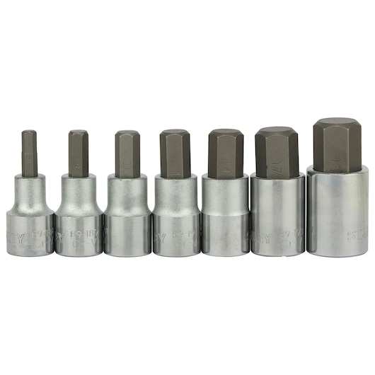 Stanley 1-89-099 hex bit socket set, seven silver and grey pieces, front angle, on white background.