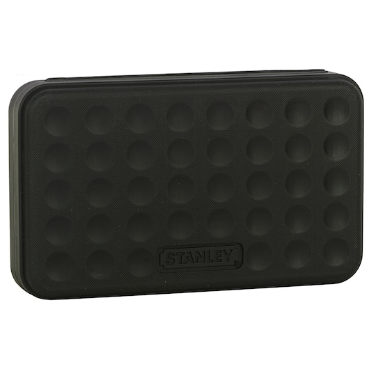 Black STANLEY case with rounded edges and circular pattern on the surface, used for tool or accessory storage.