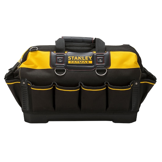 STANLEY 1-93-950 tool bag with black and yellow fabric, multiple front pockets, front angle.