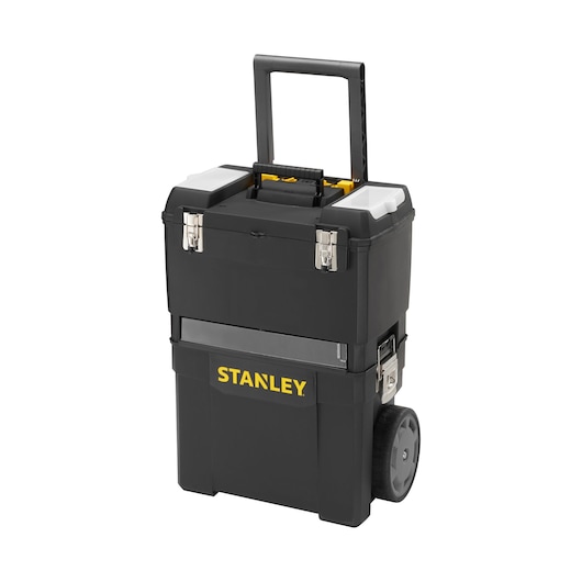 STANLEY 1-93-968 rolling tool box with telescopic handle, black with yellow logo, white background, front angle.