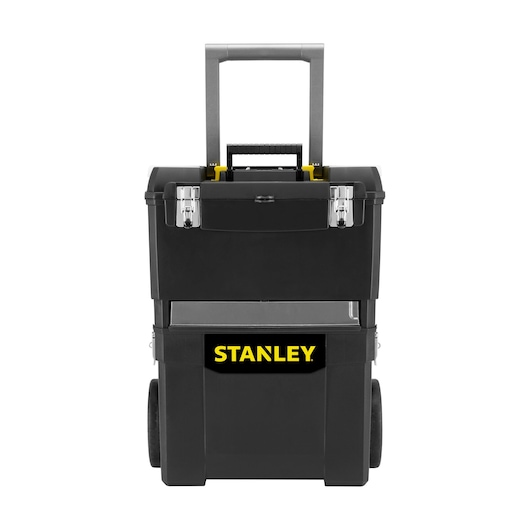 Stanley black rolling toolbox with metal latches and handle, suitable for storing photography gear.