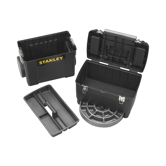 Stanley black plastic toolbox open with removable tray and organizer compartment, shown in separate parts.