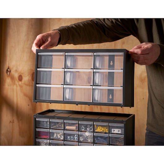 STANLEY 1-93-978 small parts organizer cabinet, front angle, showing clear drawers and removable section.