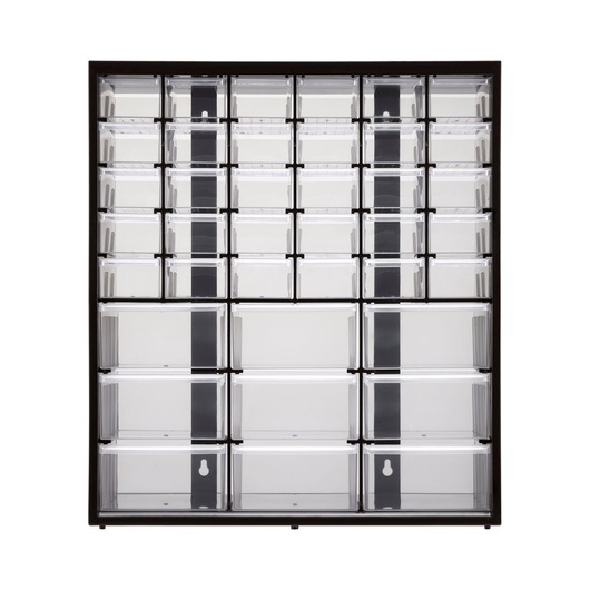 Plastic storage cabinet with multiple transparent drawers for organizing small items.