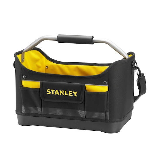 STANLEY 1-96-182 tool bag with black and yellow fabric, open top, multiple exterior pockets, and metal handle, front angle.