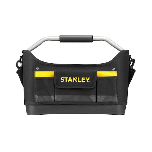 STANLEY 1-96-182 black and yellow open tool bag with handle, photographed from the front on white background.