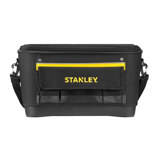 STANLEY 1-96-193 tool bag, black fabric with yellow accent, front view, zippered top and adjustable shoulder strap.
