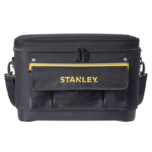 STANLEY 1-96-193 tool bag, black with yellow trim, front angle, zippered top, shoulder strap.