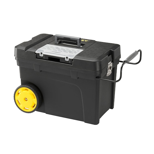 STANLEY 1-97-503 rolling toolbox with yellow wheels, black body, and top organizer, front angle photo.