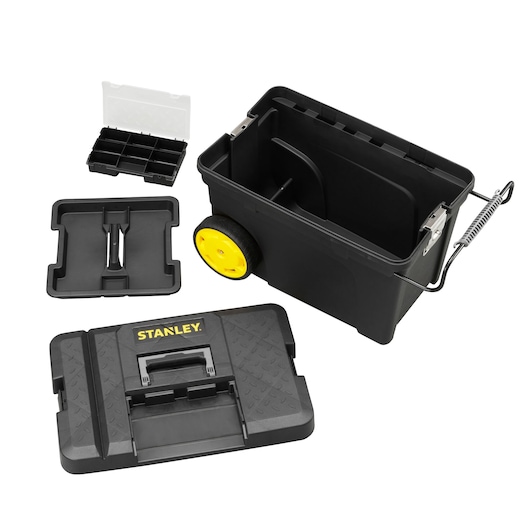 STANLEY 1-97-503 open black rolling toolbox with yellow wheels, removable tray and organizer, white background angle.