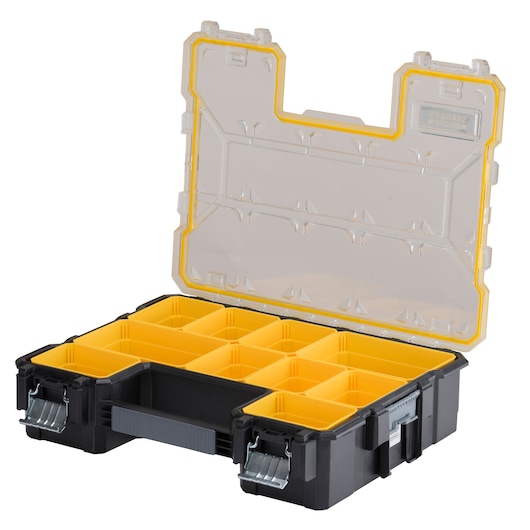 Stanley organizer box with clear lid, yellow compartments, and metal latches for storing small tools and accessories.