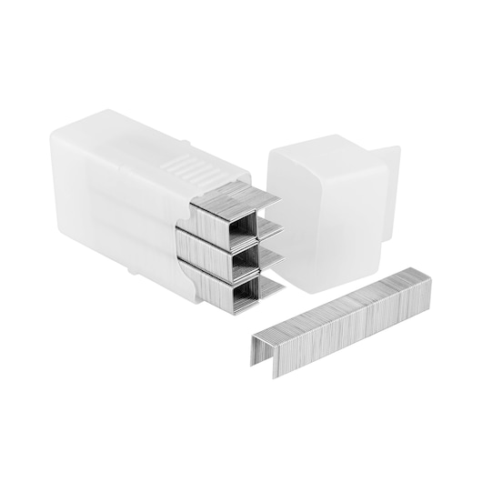 STANLEY 1-TRA208T silver staples in open white plastic box, side angle, one staple strip in front.