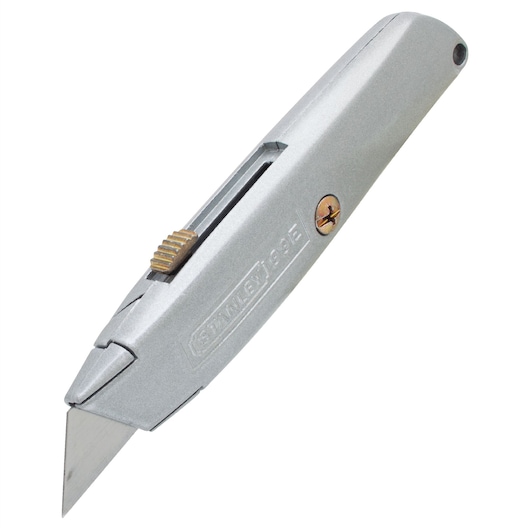 STANLEY 10-099 utility knife, silver metal, side angle, retractable blade, ribbed thumb slider, screw fastener.