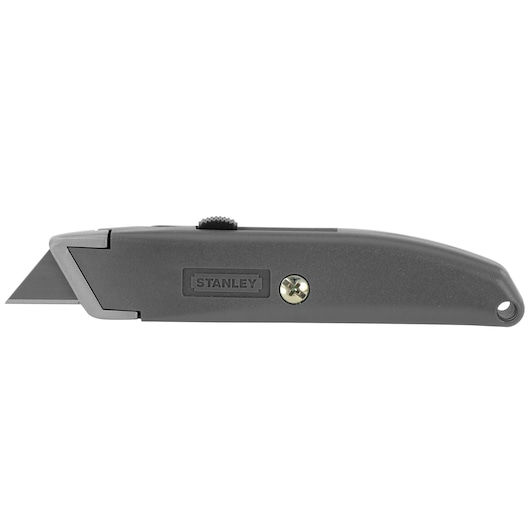 Stanley utility knife in gray, side view on white background, with exposed metal blade and thumb slider