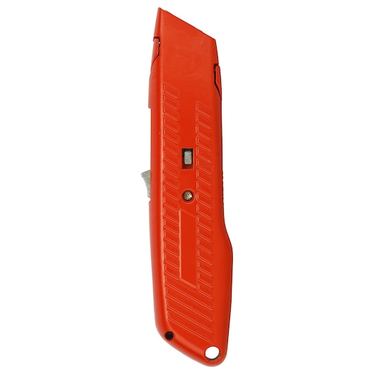 Photo of STANLEY 10-189C utility knife, red body, textured grip, photography, side angle, white background.