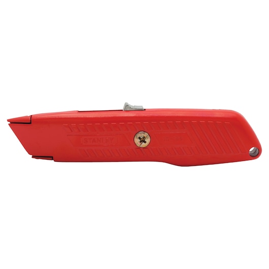 Stanley red utility knife, side view on white background, with metal screw and blade retraction switch.