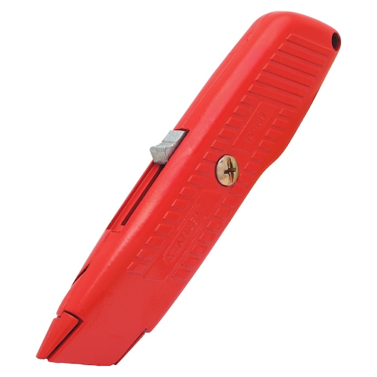 Stanley red utility knife side angle on white background, metal blade retracted, textured grip, metal screw.