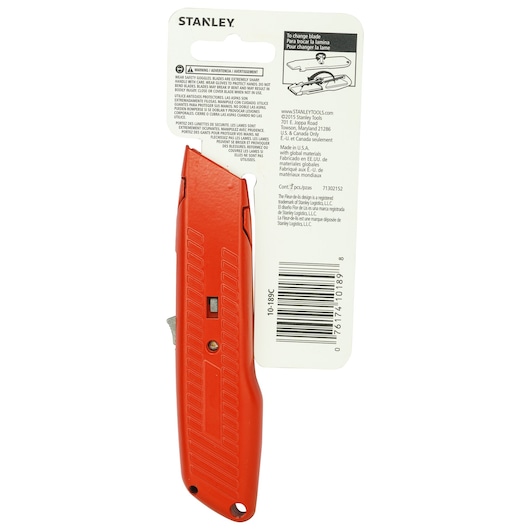 Stanley 10-189C utility knife in bright red, photographed from the back with packaging on white background.