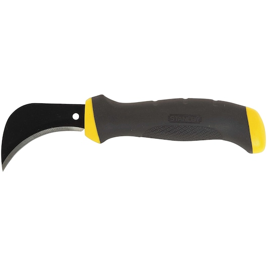 STANLEY curved pruning knife with black blade and ergonomic black and yellow handle, side view on white background