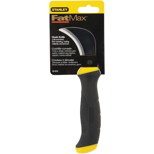 Photo of STANLEY FatMax hook knife, SKU 10-510, with black and yellow ergonomic handle and curved blade.