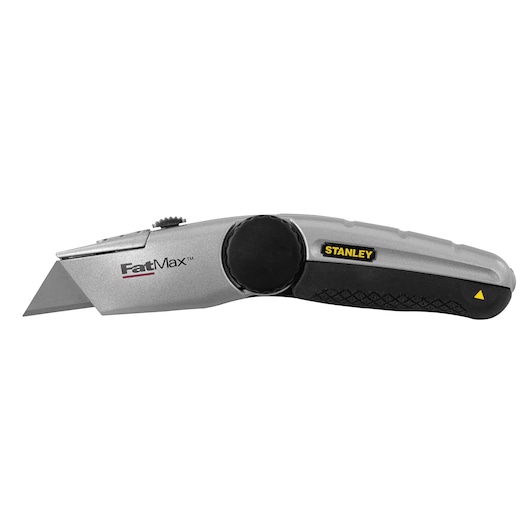 STANLEY FatMax utility knife side view, silver body with black grip, retractable blade, white background.