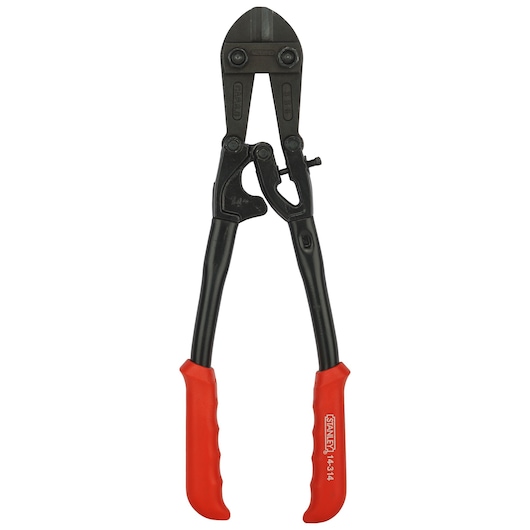 Stanley 14-314-23 bolt cutter with black jaws and red handles, front angle, photography product.