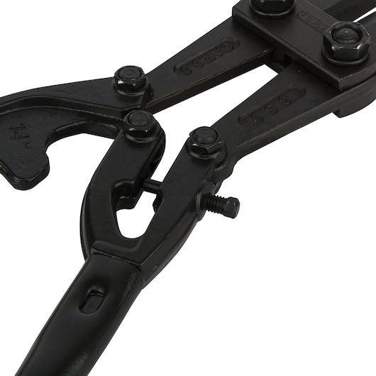 STANLEY 14-314-23 black heavy-duty bolt cutter, close-up on cutting jaws, photographed on white background.