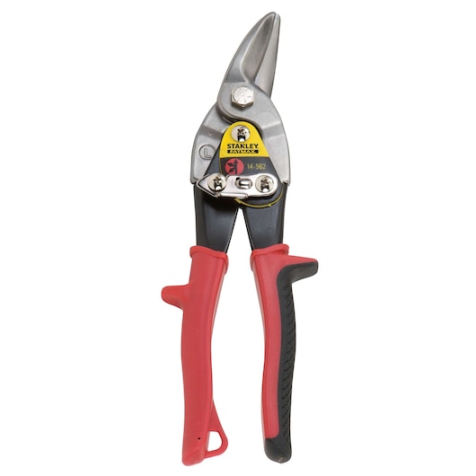 Stanley aviation snips with red and black ergonomic handles, angled metal cutting blades, front view on white background.