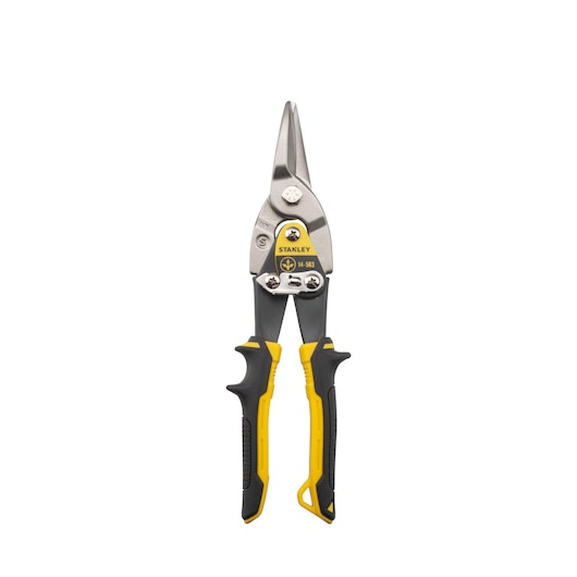 STANLEY 14-563 aviation snips with yellow and black ergonomic handles, front angle, on white background.