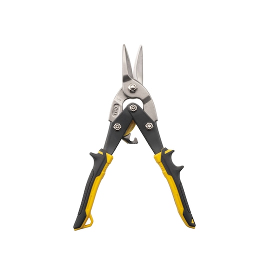 STANLEY 14-563 aviation snip with black and yellow handles, front angle on white background.