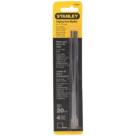 STANLEY 15-059 coping saw blades pack, 4 metal blades in yellow and black packaging, front view on white background.