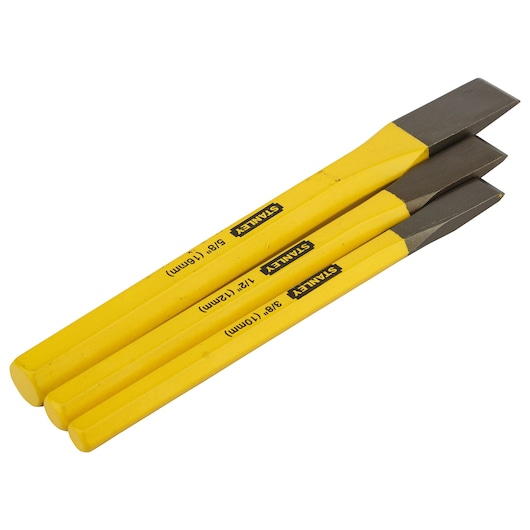 STANLEY 16-299 chisel set, yellow handles, flat tool heads, side angle on white background.