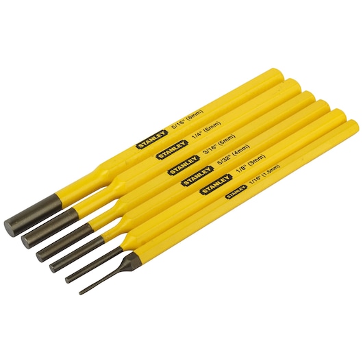 STANLEY 16-299 yellow steel punch set, six different sizes, product photography, angled on white background.