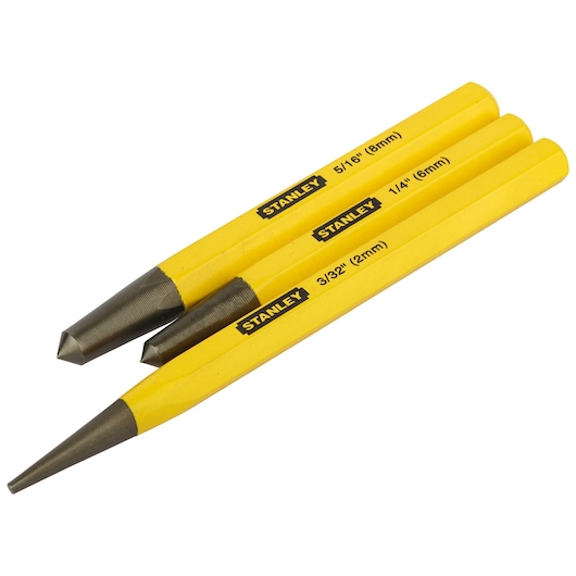 Photo of STANLEY 16-299 yellow steel punch set, three sizes, side angle.