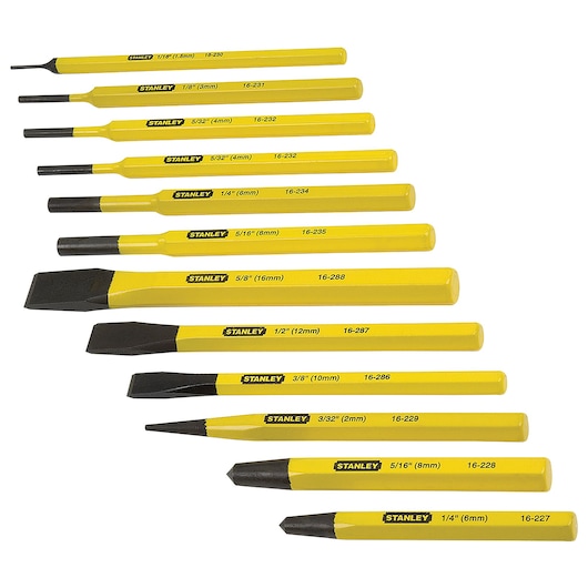 STANLEY 16-299 yellow and black chisel and punch set, eleven pieces, side angle on white background.