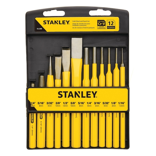 STANLEY 16-299 cold chisel and punch set, 12-piece, yellow handles, arranged in black holder, front view.