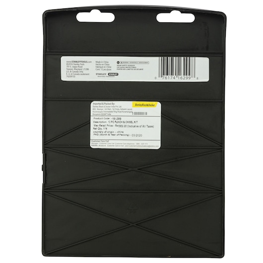 Rear view of STANLEY 16-299 chisel kit packaging showing product labels and barcode on black plastic case.