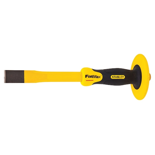 Stanley FatMax chisel with yellow blade, black and yellow ergonomic handle, and hand guard, side view on white background.
