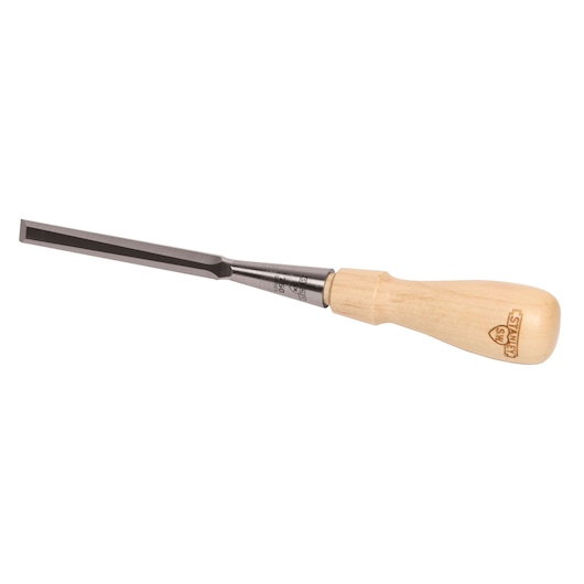 STANLEY wood chisel with long steel blade and light wood handle, side angle on white background