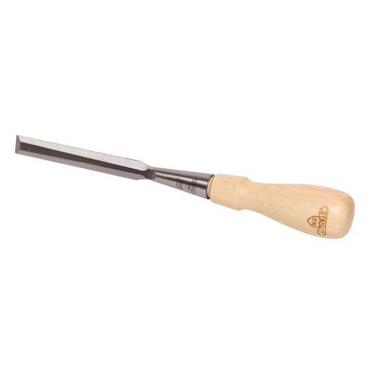 Stanley wood chisel with beveled steel blade and light wood handle, side angle on white background