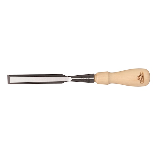 Stanley wood chisel with straight steel blade and natural wood handle, side angle, white background