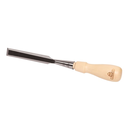 STANLEY 16-786 woodworking chisel with beveled steel blade and light wood handle, side view on white background.