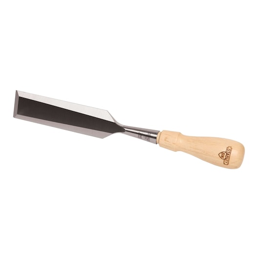 Stanley wood chisel with beveled steel blade and light wood handle, side angle on white background