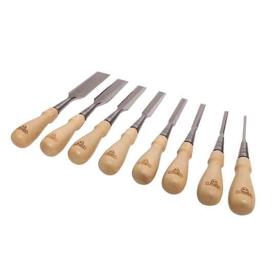Stanley wood chisel set with eight chisels, wooden handles, top-down angle on white background