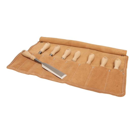 STANLEY wood chisel set with seven wooden handles in a tan suede roll-up pouch, angled front view