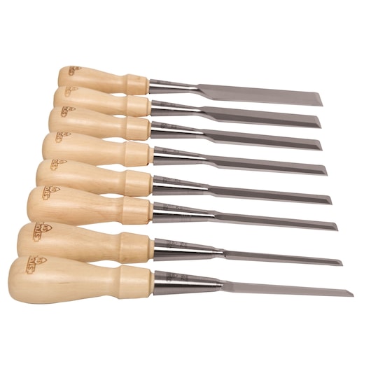 Stanley woodworking chisel set with eight steel blades and natural wood handles, angled side view on white background